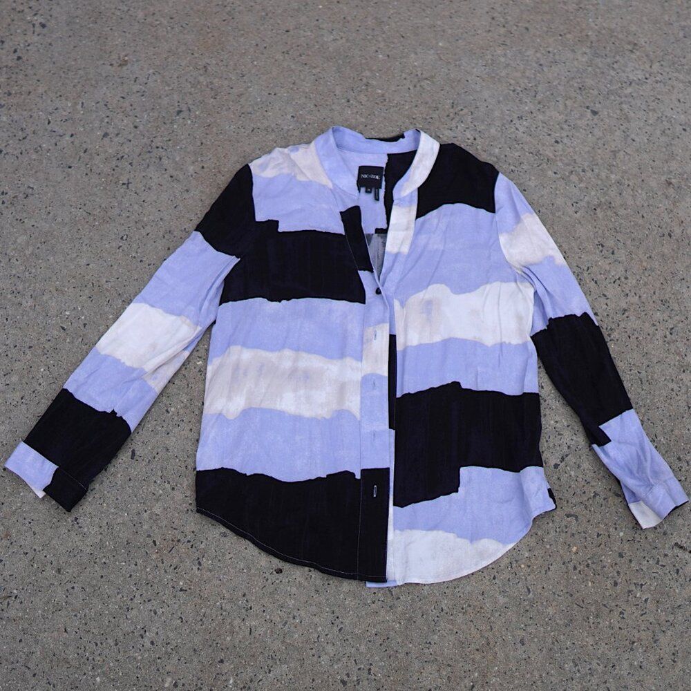 NIC+ZOE In The Clouds Shirt M Colorblock Abstract Mandarin Collar Rayon Blouse